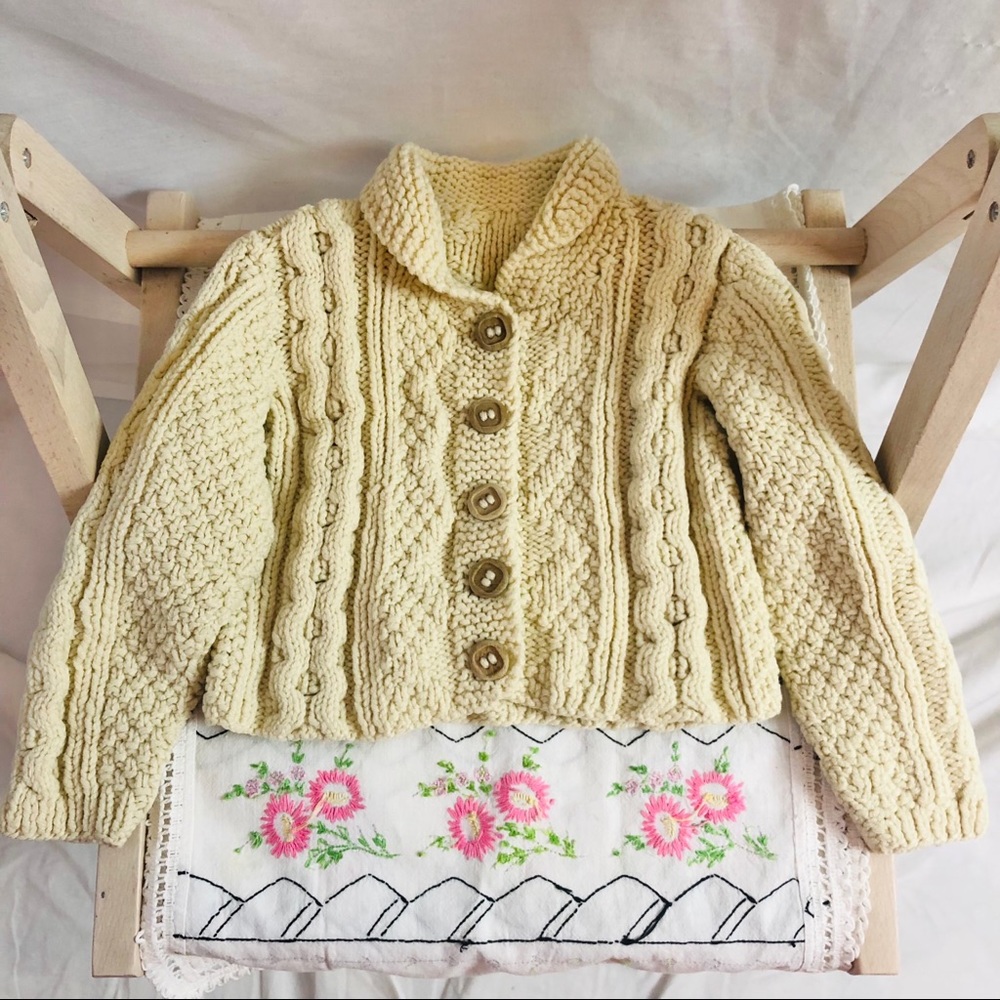 Hand made Knitted Aran Fisherman Cardigan Baby with Wood Buttons
